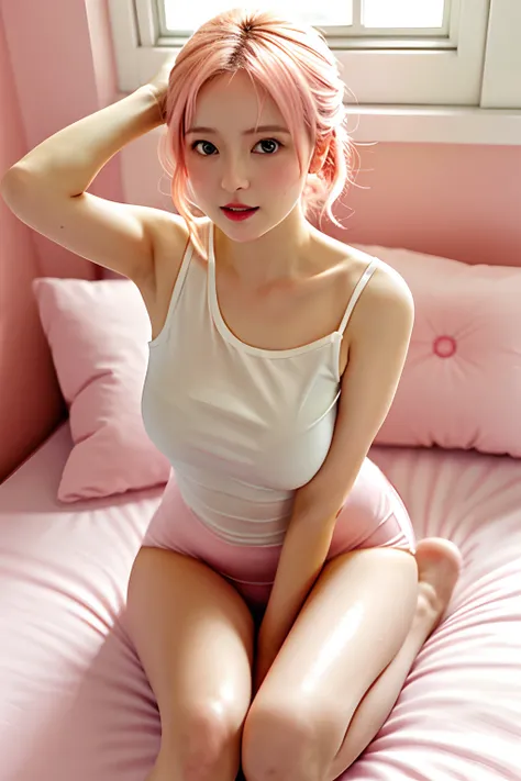 (feet out of frame), (((boobsqueeze))), 1girl, Sakura Haruno, perfect face, sweet, cute, cinematic, white short top, natural breast, tight, blush, glossy lips, natural light, on bed, sharp focus, immersive, armpits, realistic, high detailed, steamy, thigh ...