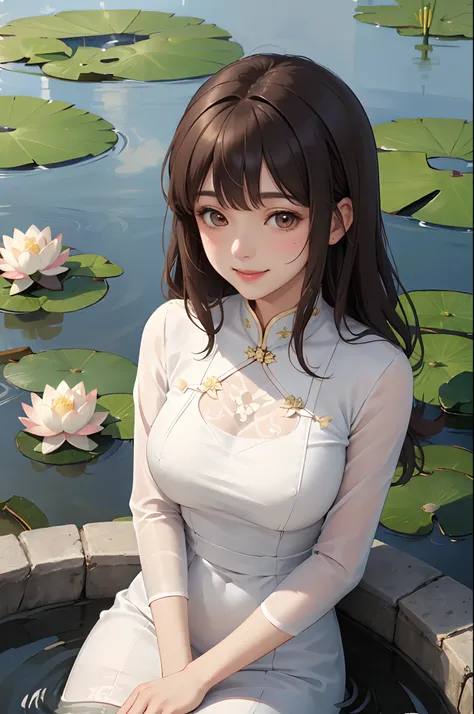 1lady solo close-up, aodai, mature female, /(brown hair/) bangs, blush kind smile, (masterpiece best quality:1.2) delicate illustration ultra-detailed, medium breast, /(garden pond lotus/)