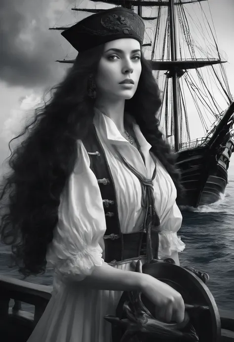 black and white photograph of a young pirate woman long straight black hair with a majestic and dark sailing ship in the background, high resolution