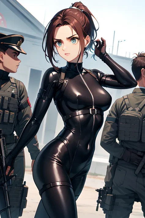 Sasha, 1girl, sozinho, Olhando para o Viewer, short hair, boca aberta, brown hair, propriedade, olhos castanhos, arma, rabo-de-cavalo, segurando arma, uniforme, arma, militar, Bodysuit, Uniforme militar, segurando arma, rifle, Bodysuit preto |, master part...