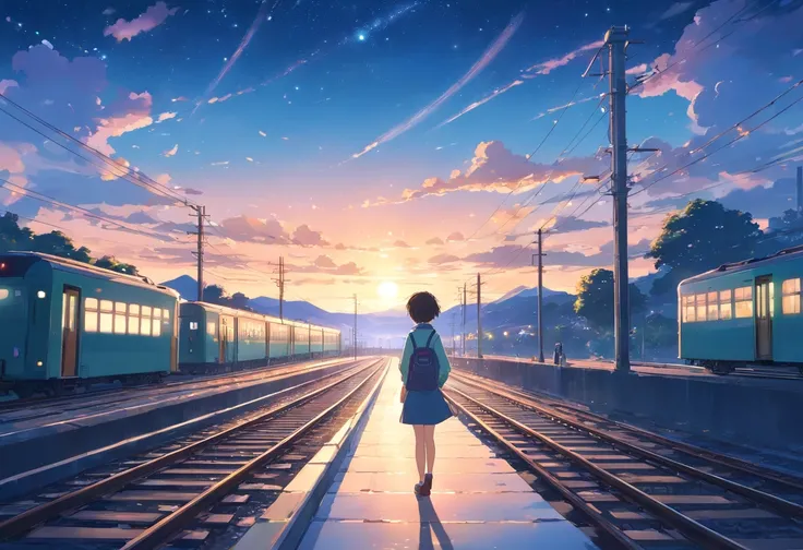 High quality masterpieces, landscapes, clouds, anime train passing water bodies on railway tracks in the distance, bright starry sky. traveler, romantic lights, pixiv, concept art, lofi art style, reflection. Makoto Shinkai, rophy art, beautiful anime scen...