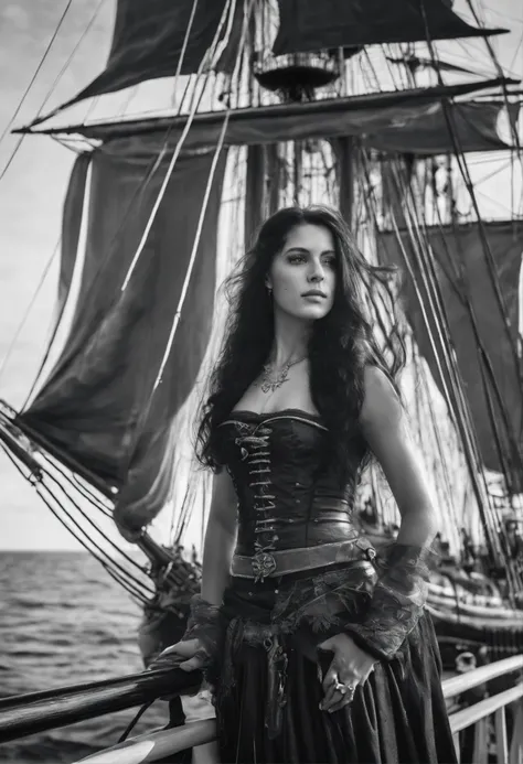 black and white photograph of a young pirate woman long straight black hair with a majestic and dark sailing ship in the background, high resolution