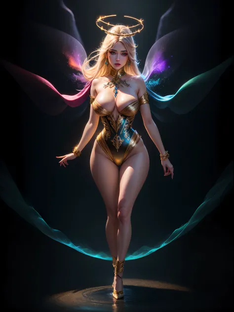 3d, isometric illustration , (cinematic lighting:1.3), (ethereal lighting:1.3), beautiful girl wearing exquisite flowing sequin garment, swirling, swirling light rays around, her wrist , glowing particles, swirling colourful halo in her wrist, big breasts,...