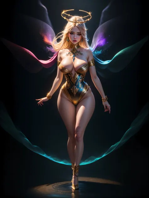 3d, isometric illustration , (cinematic lighting:1.3), (ethereal lighting:1.3), beautiful girl wearing exquisite flowing sequin garment, swirling, swirling light rays around, her wrist , glowing particles, swirling colourful halo in her wrist, big breasts,...