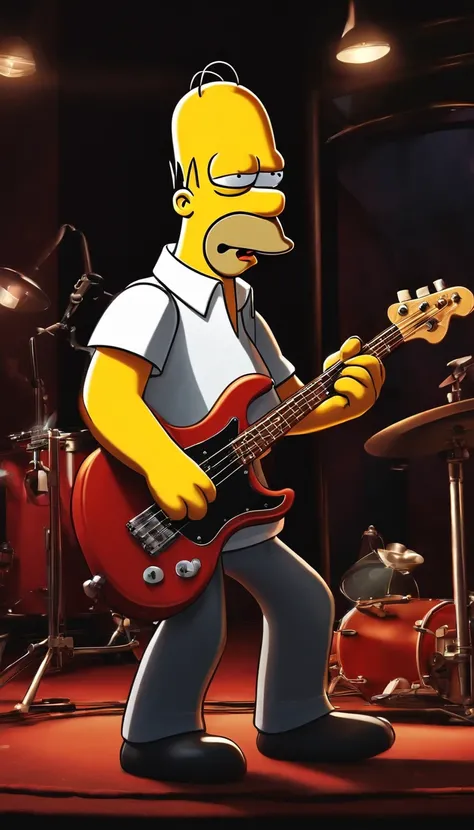 Café-shop，The Simpsons，Homer Simpson plays bass guitar，Homer Simpson，The Simpsons Animation Style，dramatic lights，Dramatic action，Wonderful poster composition，dramatic composition，Dramatic colors，A great scene，Magnificent lights，Richly decorated background...