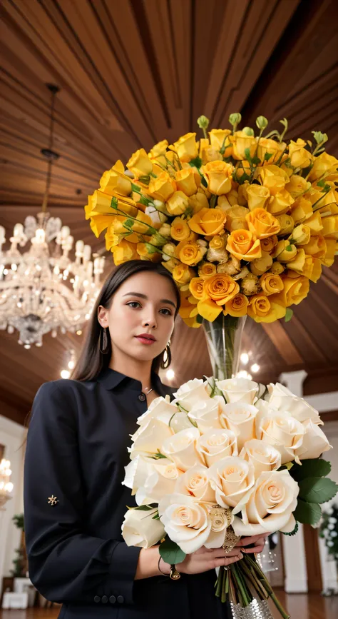 Woman holding a bouquet of white roses in a large room, Crying, anastasia ovchinnikova, alina ivanchenko, viktoria gavrilenko, with flowers, dasha taran, moleksandra shchaslyva, julia gorokhova, sofya emelenko, Angelina Stroganova, nadezhda tikhomirova, ol...