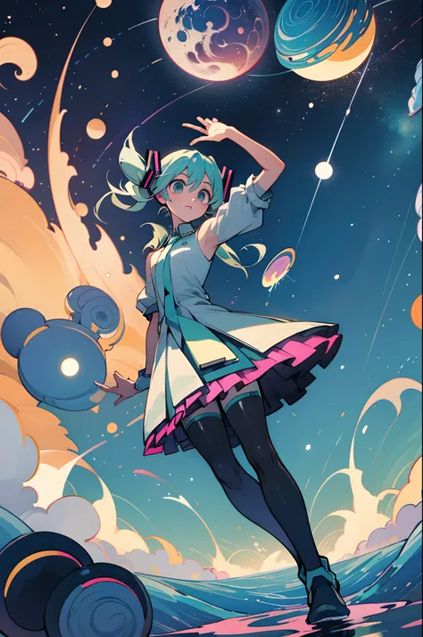 Hatsune miku, ceu estrelado, space, 4k, HDR, anime, garota, caminhada, fones de ouvido, gotas de chuva, pose em C, espiral, Highlights in hand, Multiple worlds, improve hands, Assaltos gigantes, ambiente melhorado, Improved scenario, Olhos melhorados, melh...