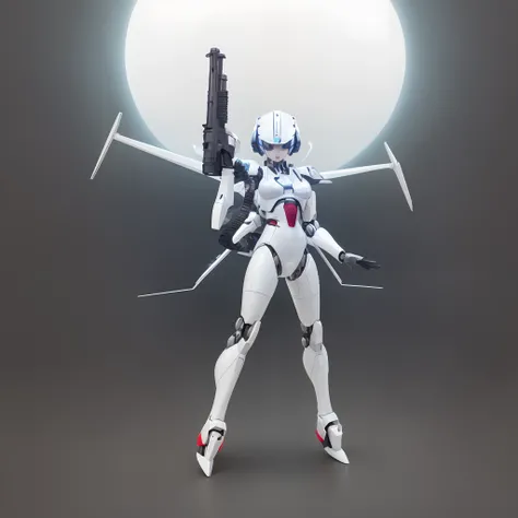 Allalin with a gun and a gun in his hands, Okunoeva-00, eva unit 0 1, ferra white mecha, female mech, Attack Pose, anime robotic mixed with organic, arms akimbo pose, Girl in Mecha Cyber Armor, Neon Genesis Evangelion style, female action anime girl, blue-...