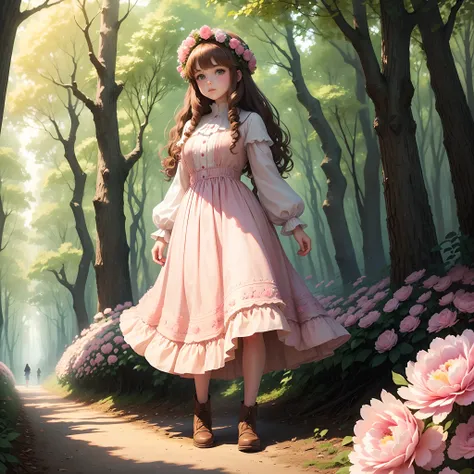 Illustration of a curly-haired girl with blue eyes and brown hair in a fluffy dress walking through a fairy-tale forest in which pink and white peonies bloom, trees stand in golden foliage with huge caps of flowers.