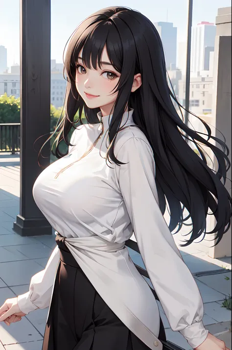 1lady solo, mature female, /(black hair/) bangs, blush kind smile, (masterpiece best quality:1.2) delicate illustration ultra-detailed, large breast BREAK /(running jersey long sleeve/) BREAK park outdoors