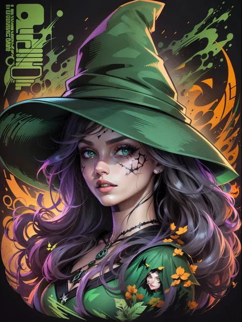 Vector t-shirt, Print-ready colorful graffiti, Illustration of a beautiful women kind of Halloween witch, wearing a big witch hat and Emerald dress, action shot, Halloween, high detail, black background