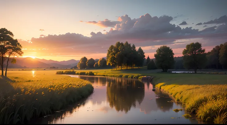 Paint a picture of a serene sunset over a tranquil countryside, with golden fields and a calm, reflective pond.