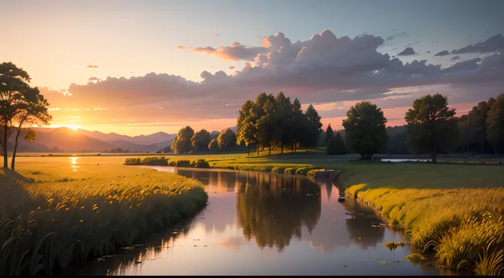 Paint a picture of a serene sunset over a tranquil countryside, with golden fields and a calm, reflective pond.