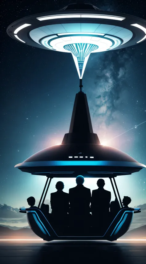 Create an image of a group of people being transported to a UFO.