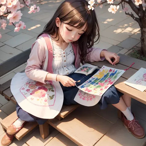 Illustration: watercolor girl sitting on a bench under cherry blossoms and embroidering a picture on the hoop