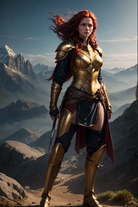 best quality, masterpiece, highly detailed, realistic, full body, fierce warrior woman, adorned in golden armor, standing atop a mountain peak, determined expression, flowing red hair, epic battle scene in the background, (heroic pose), (action fantasy), h...