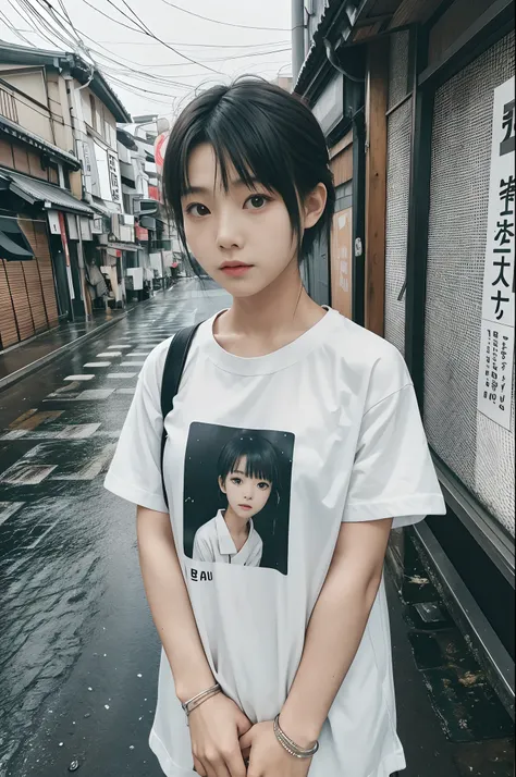 photographed:araki shigenobu, rain with cool black and white t-shirt design and serial experience japan teenage girl, text says:...