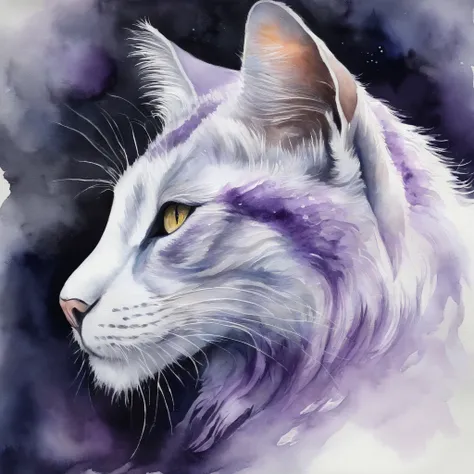 Khajiit, white fur with ghostly purple swirls, mist-like robe, ghostly and eerie in the dark, masterpiece, best quality