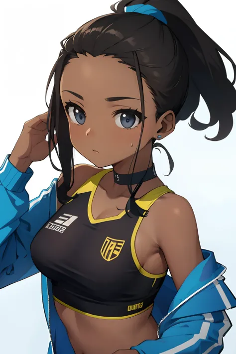 ponytail, dark skin, forehead, sportwear, petite, medium boobs, hair locks