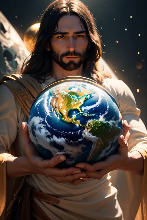 Realistic masterpiece in 8k with perfect anatomy: Jesus Christ holding planet Earth in one hand, with an undeformed face, cinematic lighting, depth of field, bokeh, realism, photorealistic, hyperrealism, professional photography