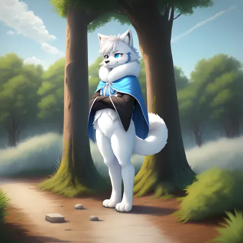 Anthropomorphic furry little wolf，A half body, White color hair,large ear，Big blue eyes，Fluffy tail，adolable, Light：Extreme light and shadow, Reflective skin,Reddish skin，(anthr,(Full Body Furry, Fluffy tail, White fur, Sky blue eyes, Silvery hair:1.2), (l...