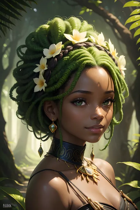 There is a black-skinned woman with a green head and a luminous flower in her hair, retrato feminino da fantasia, africana, retrato de fantasia digital, Retrato de um maga da floresta, retrato de arte conceito de fantasia, fantasy art smug smile woman, ret...