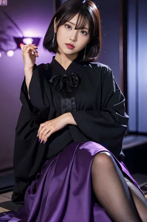 Charming Japanese style beauty、Brown hair、Evil Female Executive、Night city、Move ki、The Darkness、seductiv、brainwash、Retrofit equipment、Evil Fall、wicked、darkness、Purple Eyeshadow、black pantyhose、Evil Bride、Black pleated skirt、Dark