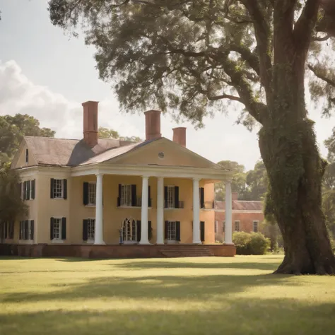 hyper realistic on a sunny morning, a colonial plantation