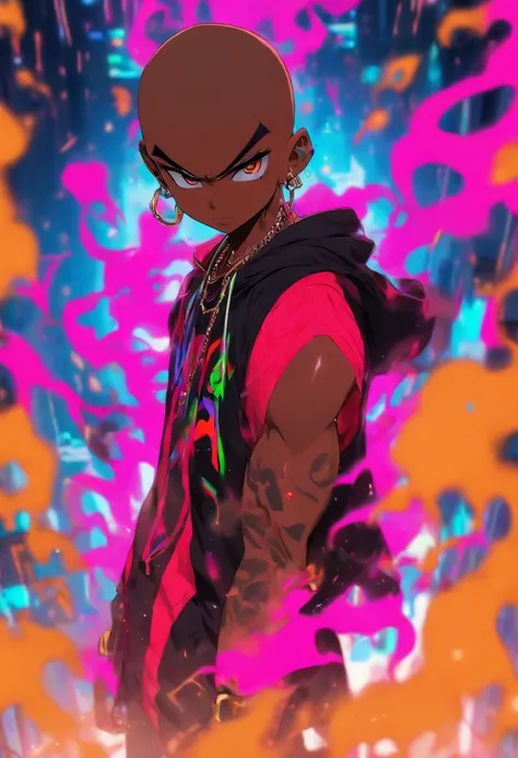 Batboy Boy, Caramel Brown skin Black boy moor, Bald Hairstyle, Streetwear, Full Slime Body, colors neon, risa loca, malvada, Hair::-10