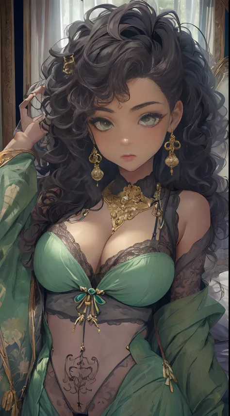 ((Masterpiece, hiquality, absurdress) 1Woman, black hair, curly hair, Afro-curly hair, Green eyes, a perfect face, the perfect body, big breastes, short stature, very dark skin, Hindu woman, 独奏, ((Best Quality)), ((Masterpiece)), (Detailed:1.4), Detailed e...