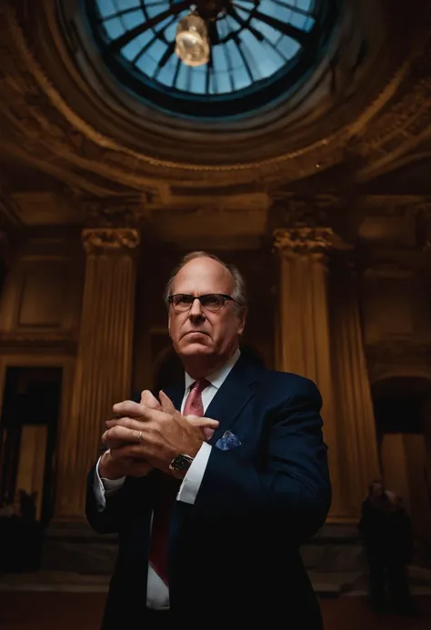 blackrocks larry fink with an evil expression and holding the world in his hand