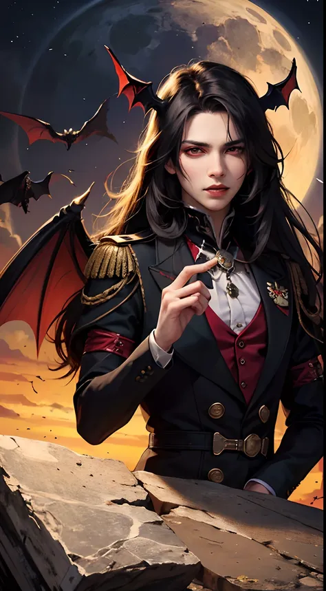 Long-haired males，schoolboy，Serious face, handsome face，((There are blood stains on the corners of the mouth))，Just sucked blood，Vampire Duke black wings，Red eyes，the bats，nighttime scene，natta，The sky is pitch black，Red to the moon，Bats and vampires are f...