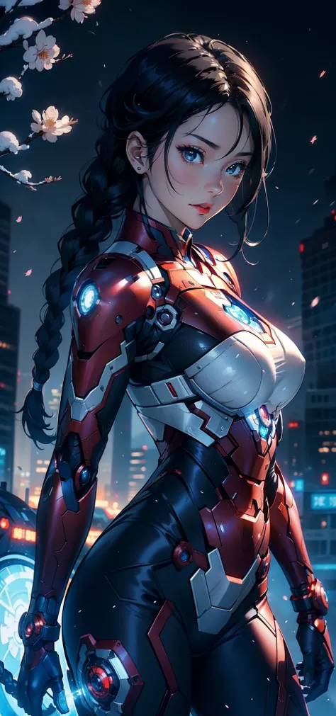 1female，35yo，Slim，extremely large bosom，Big breasts Thin waist，long leges， 独奏，（Background with：，Cherry blossom forest，Cyberpunk-city）run， She has short black hair，seen from the front， Twist braids， mostly cloudy sky，（（（tmasterpiece），（Very detailed CG unity...