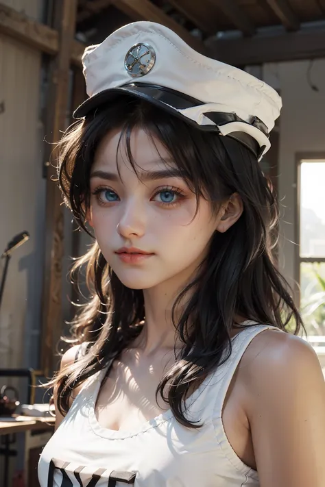 official art, unity 8k wallpaper, ultra detailed, beautiful and aesthetic, beautiful, masterpiece, best quality, (black hair, long hair, blue eyes), Bambietta Basterbine, hat, smirk, wear tanktop, upperbody, potrait