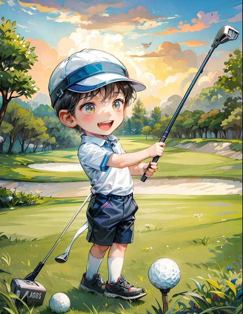 cute boy, 1boy ,solo,playing golf, cute,pixiv, ultra hd,ghibi,pixiv, details,small white flowers, smiling,((detail everything))