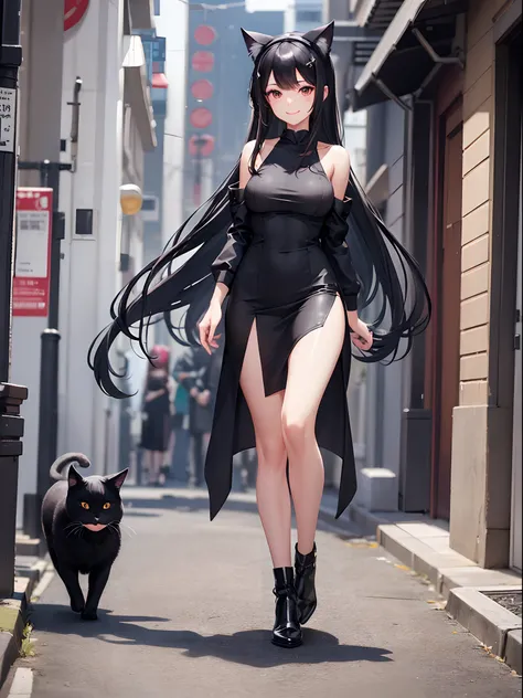 A girl, beautiful & charming, perfect body figure & normal breast 1:3, long black hair, tight grey color dress, walking towards to viewer, full body photoshoot, smiling, neko style cat ears