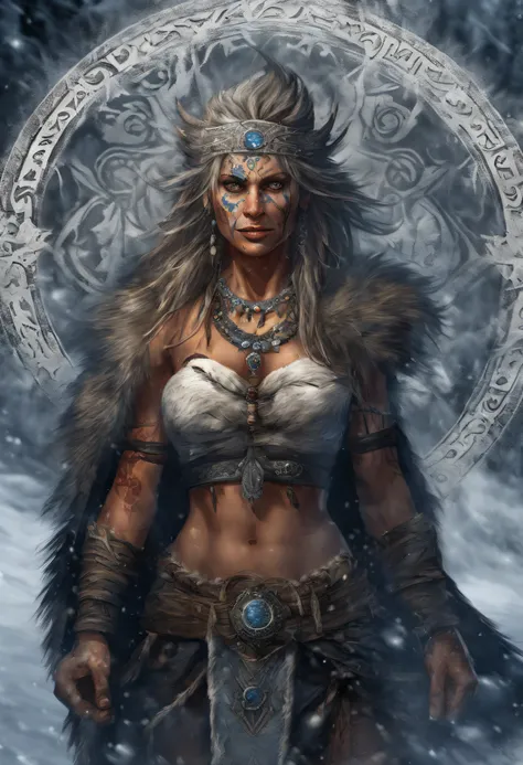 (best quality,4k,8k,highres,masterpiece:1.2),ultra-detailed,(realistic,photorealistic,photo-realistic:1.37),white haired scraggly tattooed female viking shaman,has blue glowing tattoos,illustration,ancient,fierce expression,weathered face,blue war paint,bo...