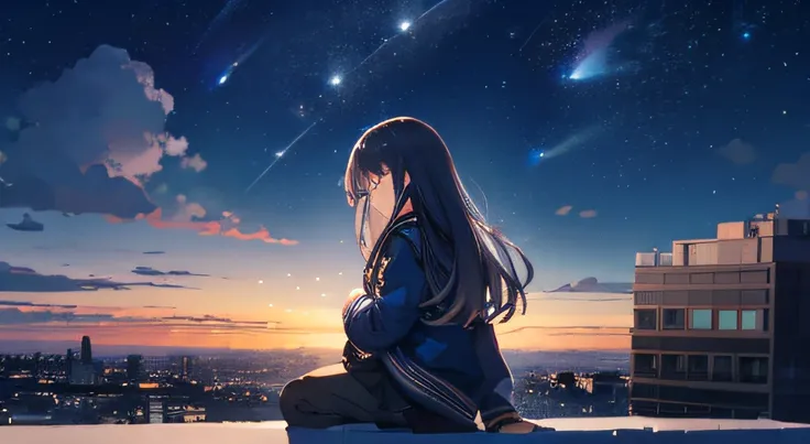 1 girl,octans, sky, star (sky), scenery, starry sky, night, 1girl, night sky, solo, outdoors, building, cloud, milky way, sitting, tree, long hair, city, silhouette, cityscape, looking at sky, 8k, beautiful night sky, ray tracing, masterpiece, cute face