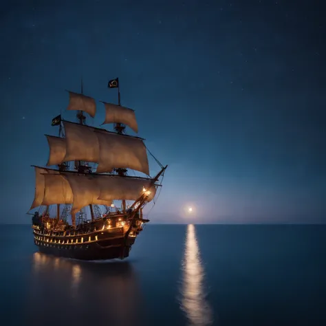 pirate ship sailing in the night, Saturn will be in the left corner of the sky, night sky