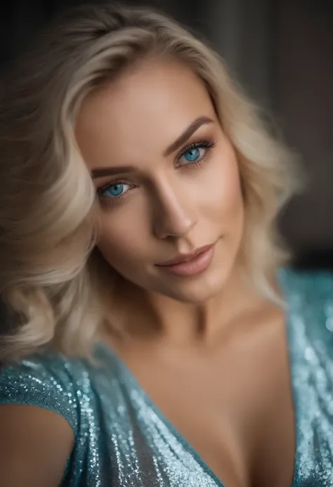 (selfie, top view: 1.4), (straight half of the body: 1.4), RAW UHD portrait photo of a 24-year-old blonde (blue-eyed woman) , (neckline), details (textures! , hair! , glitter, color!! , disadvantages: 1.1), glossy eyes with high detail (looking at the came...