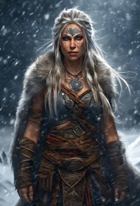 (best quality,4k,8k,highres,masterpiece:1.2),ultra-detailed,(realistic,photorealistic,photo-realistic:1.37),white haired scraggly tattooed female viking shaman,has blue glowing tattoos,illustration,ancient,fierce expression,weathered face,blue war paint,bo...