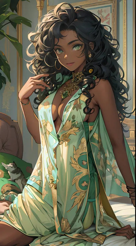 ((Masterpiece, hiquality, absurdress) 1Woman, black hair, curly hair, Afro-curly hair, Green eyes, a perfect face, the perfect body, big breastes, short stature, very dark skin, Hindu woman, 独奏, ((Best Quality)), ((Masterpiece)), (Detailed:1.4), Detailed e...