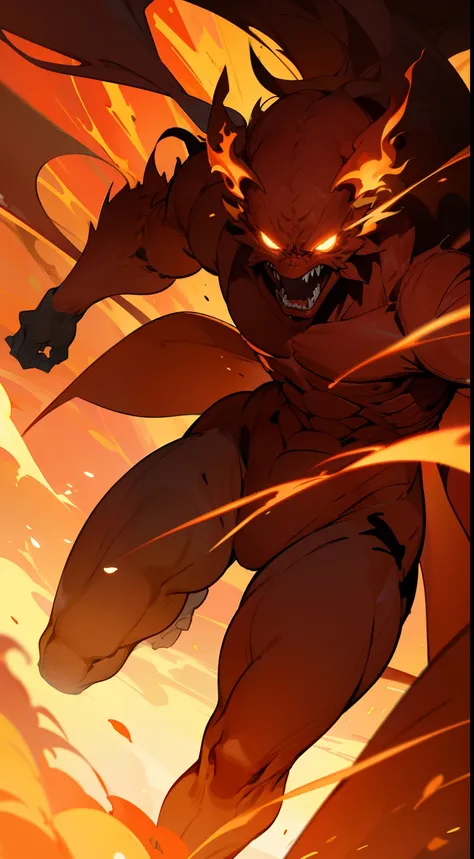 "An incredibly detailed illustration of a monstrous fire humanoid creature, with the best lighting and the most realistic shadows. A dynamic approach and dramatic angle, with an emphasis on its powerful and fierce bearing. Its bright, colorful blazing flam...