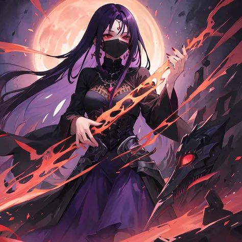 Woman, long dark purple hair, red eyes with a bright light, black long dress, witch, silver jewelry in the shape of ribs, metal mask on half of the face,