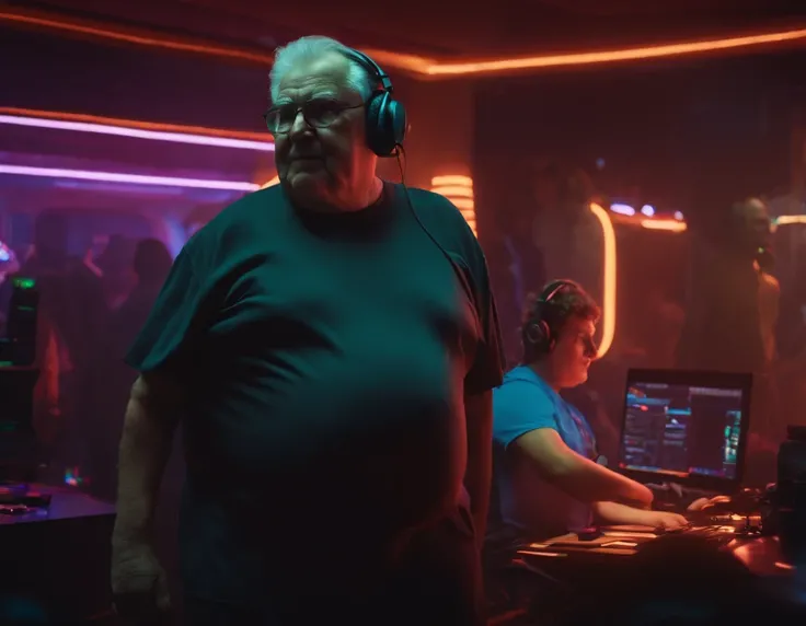 FAT ELDERLY MAN WITH A FELCA T-SHIRT, WITH A BIG BELLY IN THE BACKGROUND OF A ROOM WITH NEON LIGHTS, AND A BOY IN THE BACKGROUND WITH A HEADSET AND A COMPUTER