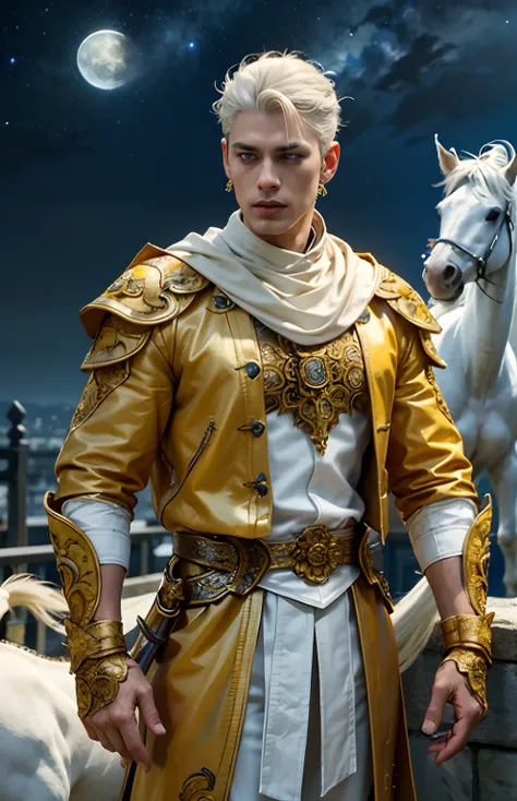 (1male) , The young man of the moon looks interesting...............((Standing next to a white horse..))((White Horse)).,,Against the backdrop of a huge moon in the sky. (updo white:1.2),(Medium Full Shot) ,Put on a necklace.....,Wearing full body armor......