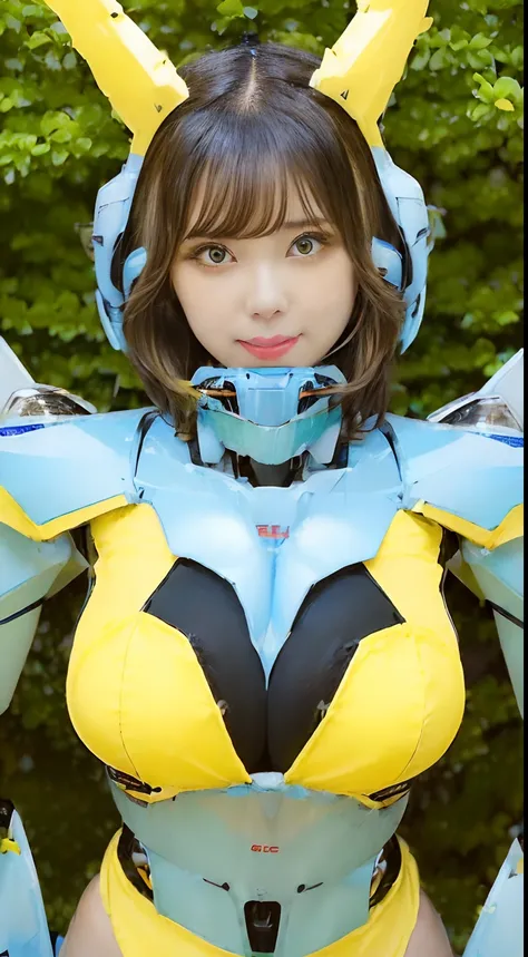 (Mecha girl:1.8), (Beautiful girl gravure idol with big breasts wearing yellow bikini swimsuit with black hair color:1.5), (short hairstyle:1.3), (constricted waist:1.3)