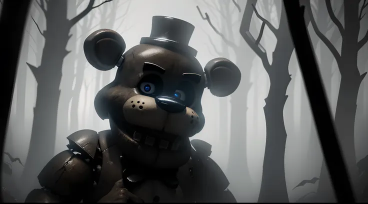 a,dark,forest,freddy fazbear,epic scene,freddy fazbear focus,up close angle,horror,haunting,ominous,spooky,menacing,foggy,misty,...