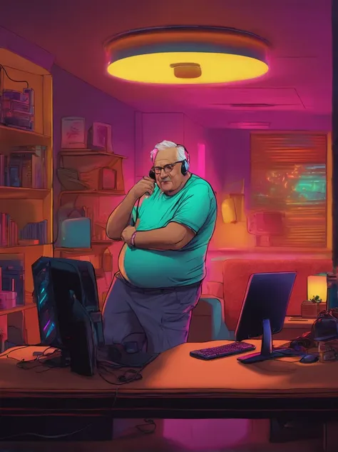 FAT ELDERLY MAN WITH A FELCA T-SHIRT, WITH A BIG BELLY IN THE BACKGROUND OF A ROOM WITH NEON LIGHTS, AND A BOY IN THE BACKGROUND WITH A HEADSET AND A COMPUTER