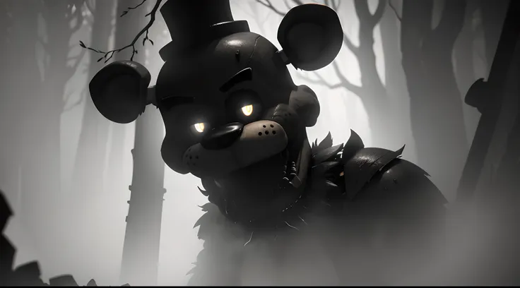 a,dark,forest,freddy fazbear,epic scene,freddy fazbear focus,up close angle,horror,haunting,ominous,spooky,menacing,foggy,misty,...